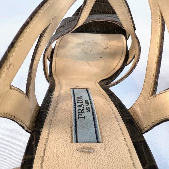 Prada Brown Embossed Leather Cut Out Platform Sandals $581 - Picture 11 of 12